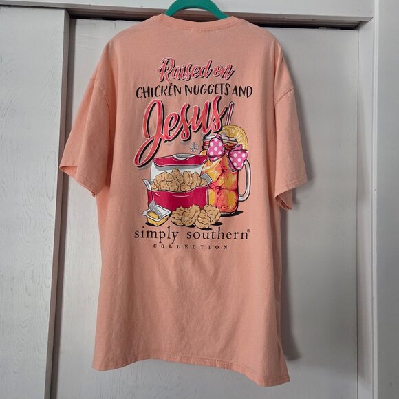 Simply Southern XXL Peach T-Shirt Raised on Chicken Nuggets and Jesus Cotton - Picture 1 of 4
